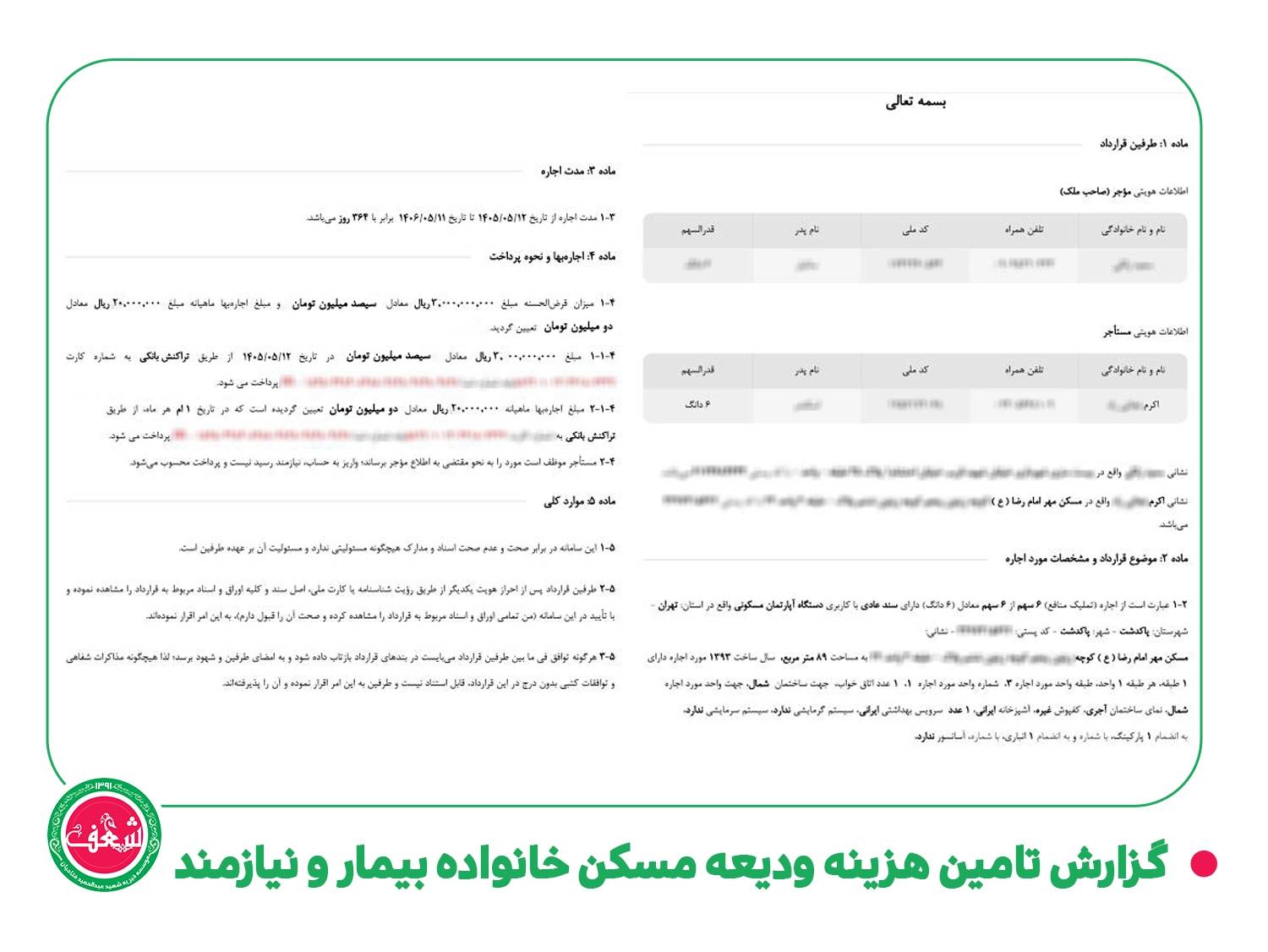 گزارش تامین ودیعه مسکن خانواده بیمار نیازمند